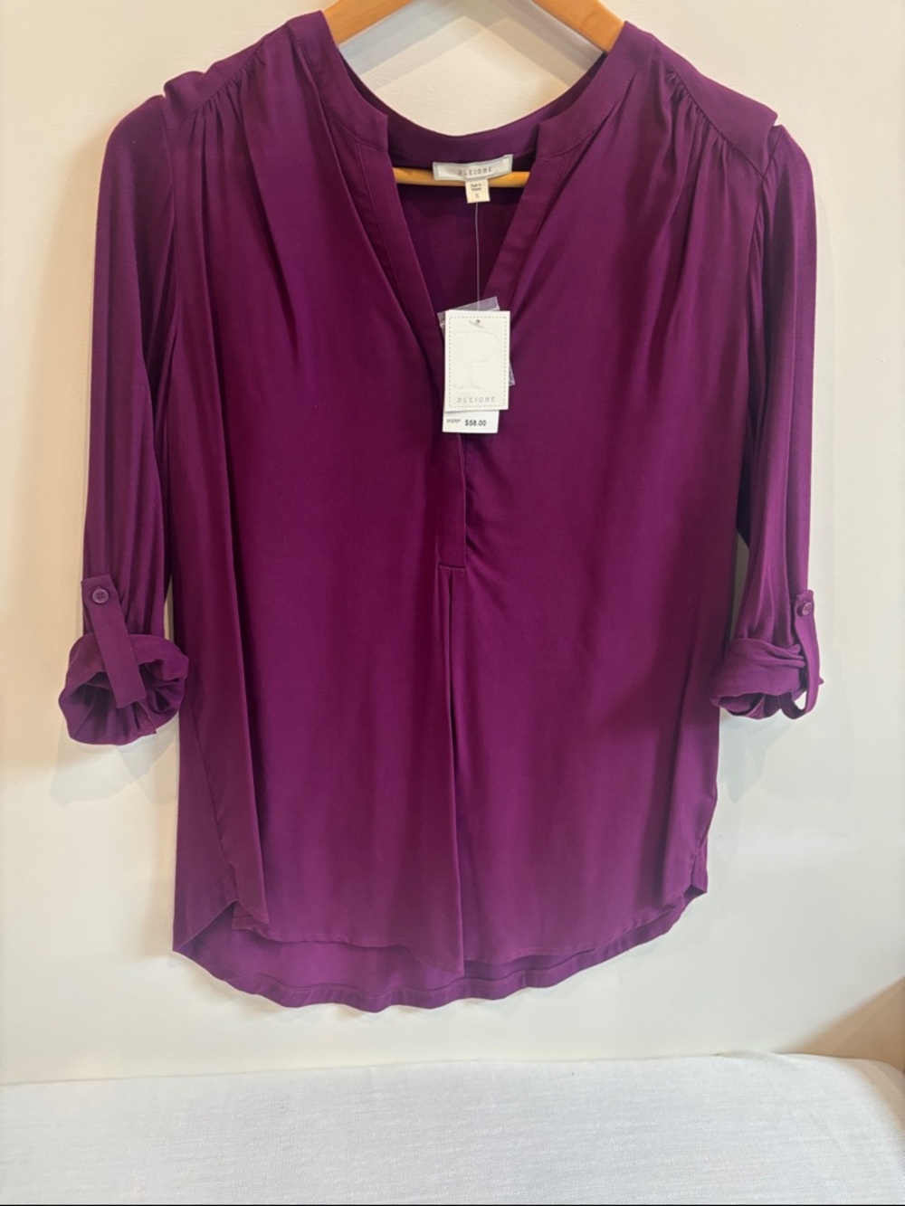 Pleione Plum V-Neck Roll-Tab Blouse